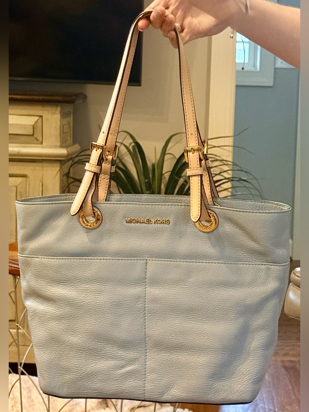Michael Kors Powder Blue Pebbled Leather Tote with Beige Straps